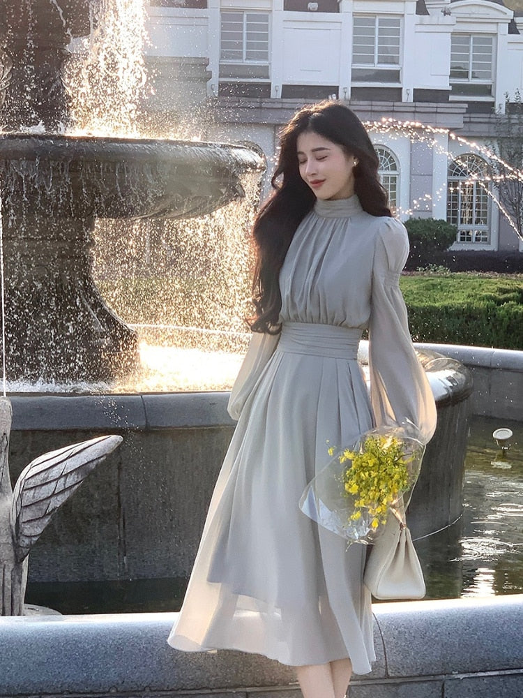 2023 Spring Turtleneck White Midi Dress Women  Long Sleeve French Elegant One Piece Dress Korean Fashion Y2k Clothing Design