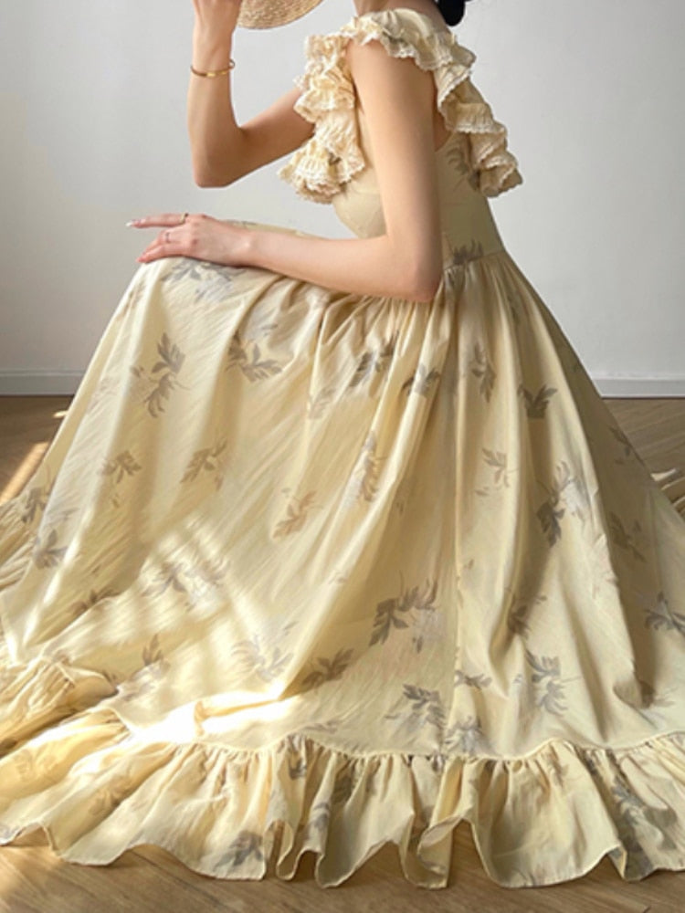 France Vintage Elegant Print Dress Women Lace Retro Sexy Evening Party Long Dress Sleeveless Casual Summer Beach Boho Dress