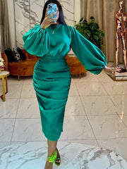 Hoobd Long Sleeve Green Dresses Bodycon Elastic Satin Smocked Midi Dress Elegant Big Size Shiny Evening Christmas Party Church Outfits