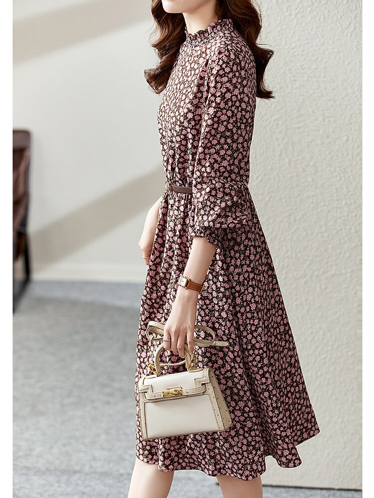 Floral Printed Midi Dress for Women 2023 Spring Autumn Fashion Ruffled Collar Long Sleeve Belted Vintage Elegant Dresses