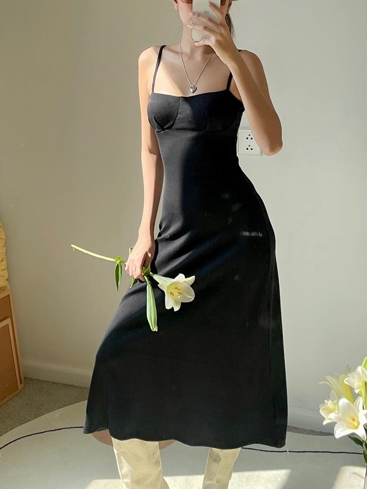 Hoobd Elegant Summer Spaghetti Strap Black Midi Dress Solid Fashion A-Line Casual Women's Dresses Beach Holidays Sundress