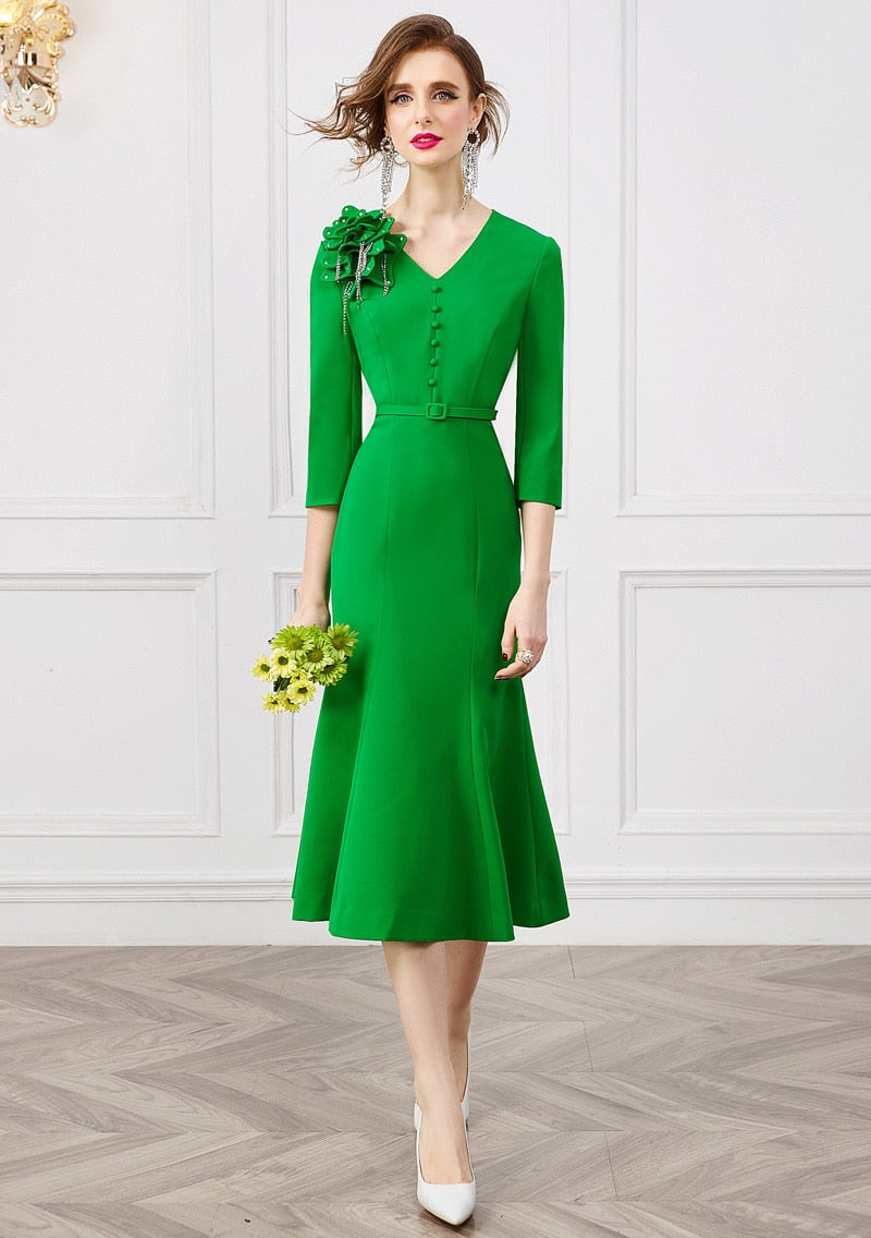 Hoobd Spring Fashion 3D Floral Beading Mermaid Party Dresses for Women 2023 Designer Elegant V Neck Midi Evening Vestidos Ladies