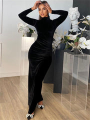 Sexy Bodycon Maxi Velvet Dress Women Birthday Party Dress Turtleneck Zip Up Long Sleeves Black Dress