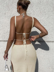 Knitted Cut Out Halter Sexy Backless Summer Beach Dress for Women Elegant Outfits Bandage Slit Dresses Bodycon New