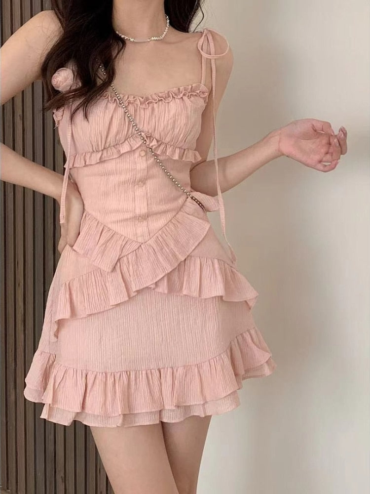 2023 Summer Pink Strap Dress Office Lady Casual Sleeveless Beach Style Y2k Mini Dress Even Party Outwear One Piece Dress Korean