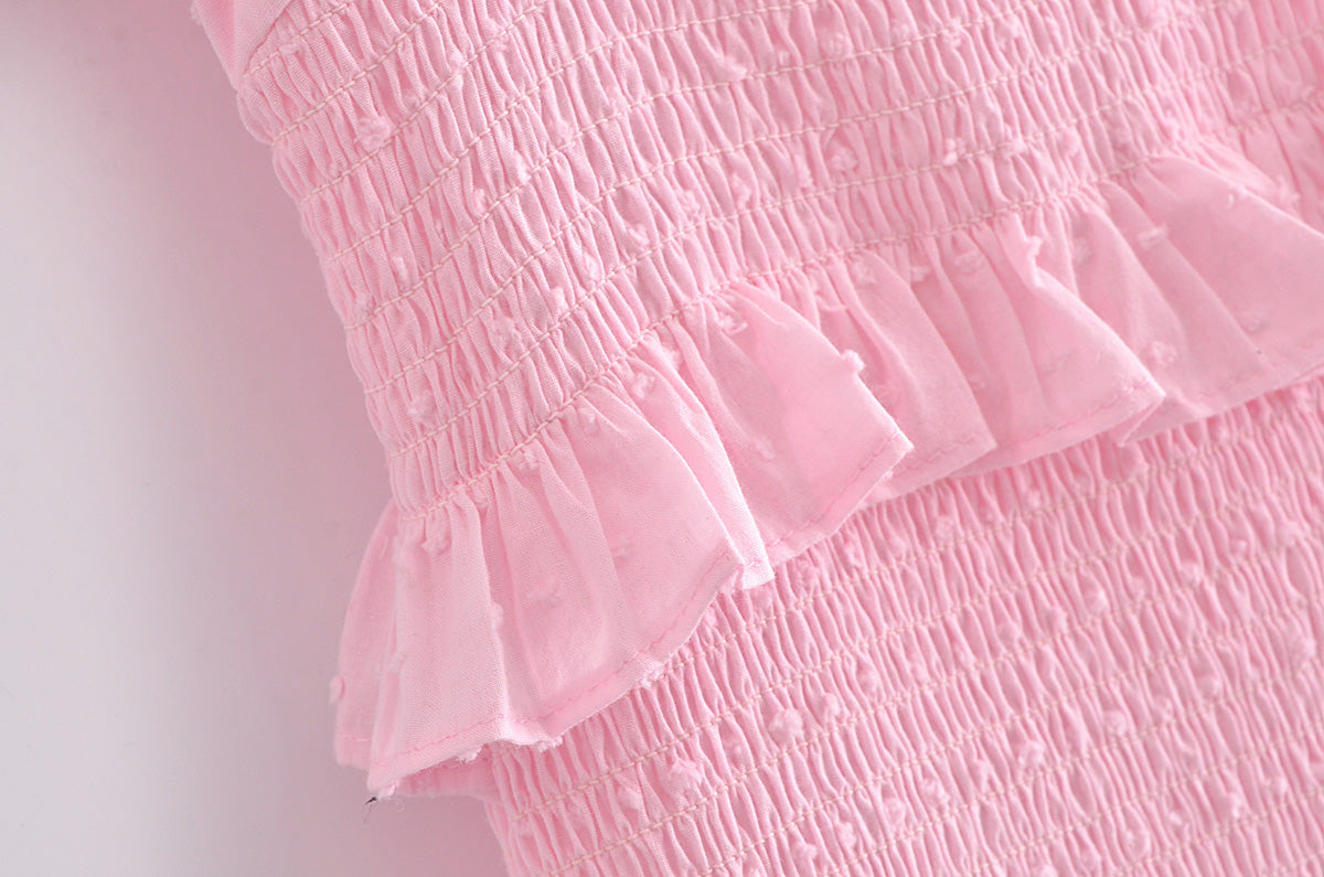 Hoobd High Quality 2023 Summer Pink Short Sleeve Women Ruffled Mini Dress