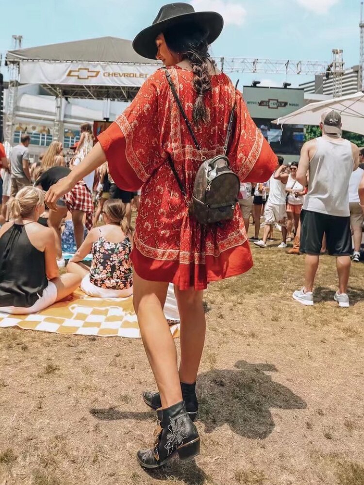 Hoobd Vintage Chic Fashion Women Red Floral Print O-neck Loose Bohemian Mini Dresses Ladies Batwing Sleeve Cotton Beach Boho Dress
