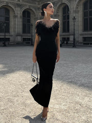 Elegant Strapless Long Party Dresses Women Bodycon Sexy Fashion Feather Sexy Sleeveless Backless Party Club Midi Dress