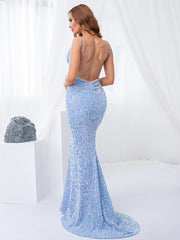 Sexy Blue Backless Slip Sequin Mermaid Wedding Gown V Neck Sleeveless Velvet Padded Stretch Prom Evening Long Dress Women