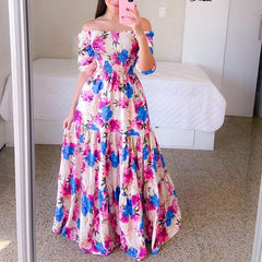 Hoobd Sexy Off The Shoulder Tube Top Dress Butterfly Rainbow Floral Print Dress Ladies Elegant Slim Summer Bohemian Party Maxi Dresses