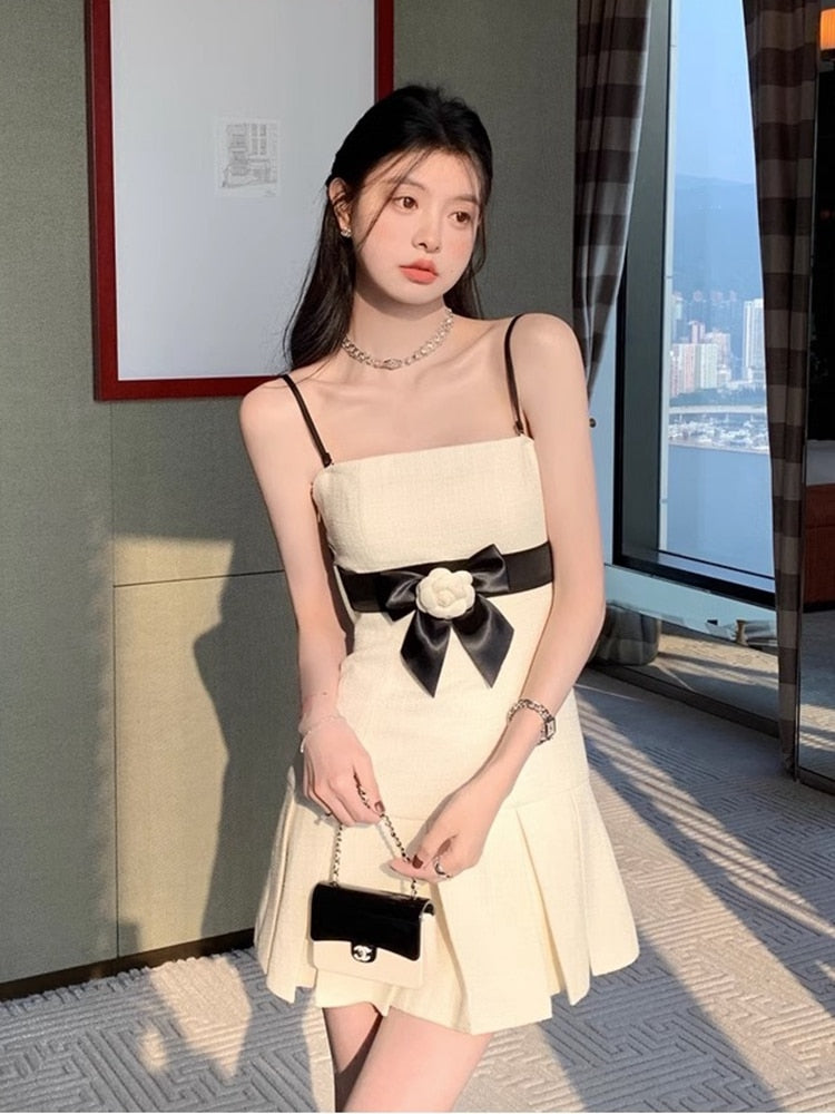 French Elegant Small Fragrance Summer Dress Women 2023 New Hotsweet Fashion 3D Flower Pleated Mini Dress Party Vestido Feminino