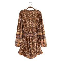 New Femme Boho Playsuits Ruffled A-line Jumpsuits Long Sleeve Rayon High Waist Fashion Rompers Mujer Flare Pants Printing Suits