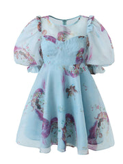 New Women Palace Style Floral Print Organza Dress Vintage Puff Sleeve Beautiful Girl Party Mini Robe Fairy Dress