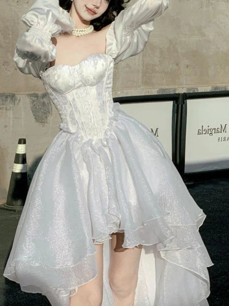 --White Evening Party Princess Dress Women France Vintage Backless Sweet Dresses Female Off Shoulder Elegant Dress Summer 2024 New
