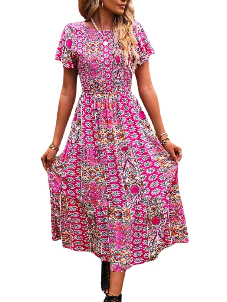 Women Short Sleeve Round Neck Printed Boho Dress