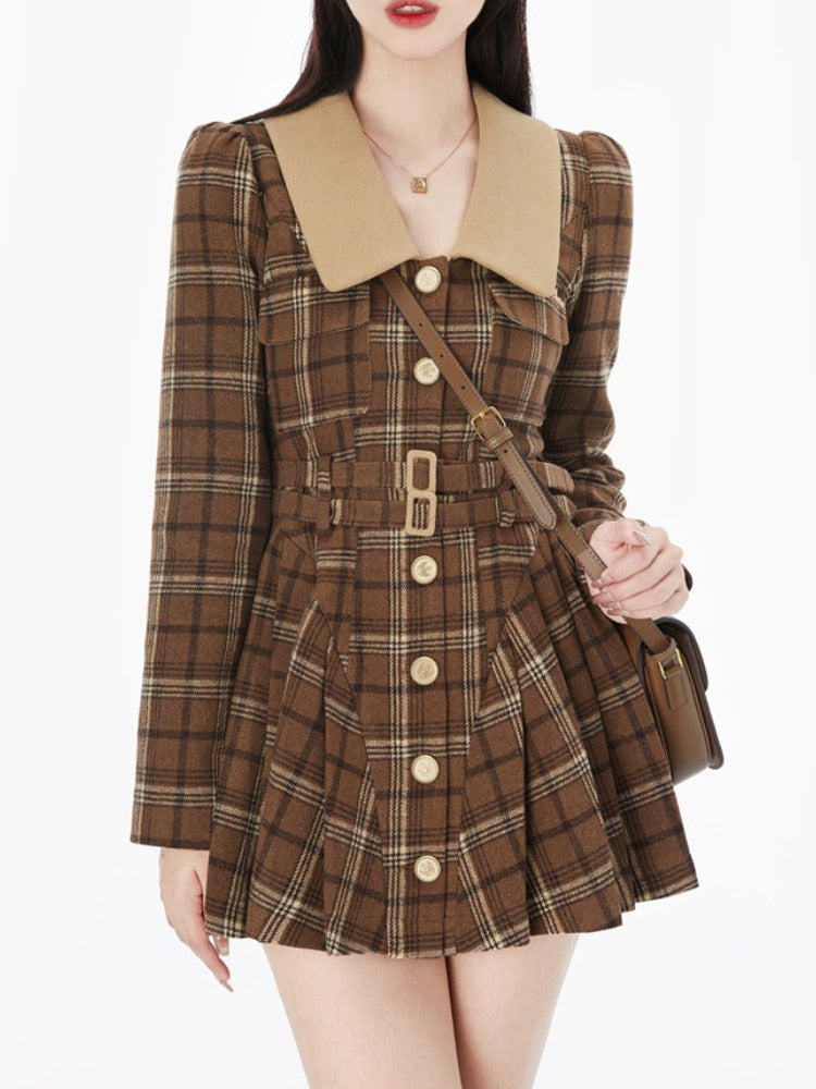 Hoobd France Vintage Party Mini Dresses Women Korean Style Elegant Pleated Dress Female Warm Sweet Retro Dress Coat Autumn Winter