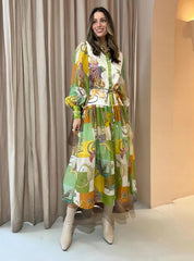 Hoobd2023 Autumn New Print Holiday Women Beach Dress With Belts A-line Long Lantern Sleeve Single Breasted Lapel Seaside Dresses Robe