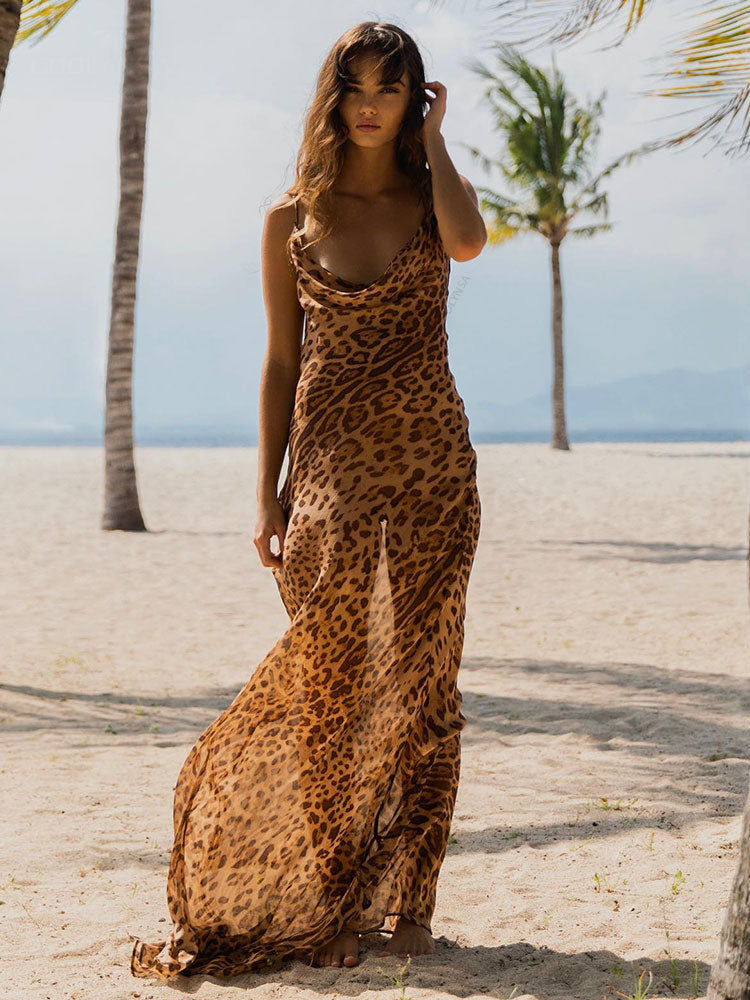 Hoobd Sexy Spaghetti Strap Leopard Long Sundress Maxi Dress Summer Clothing For Women Club Party Dresses Evening Beach Wear A1224