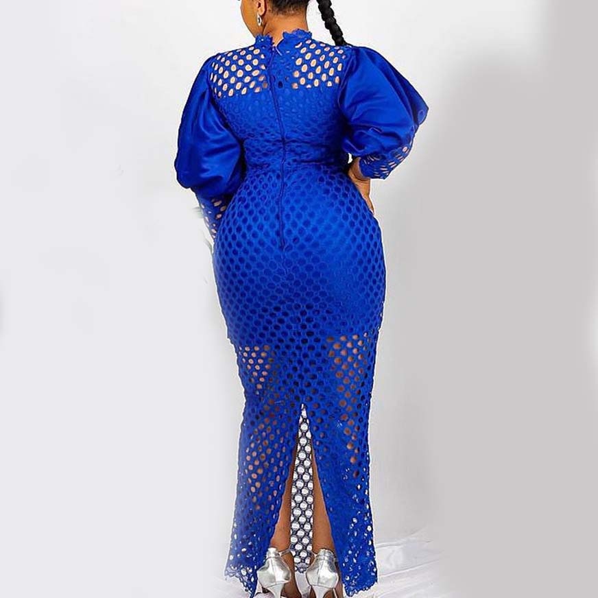 Hoobd Fall Party Dresses For Women Women Fashion New Dress Autumn Fall Blue Hollow Out Lantern Sleeve Bodycon High Waisted Ankle Length Luxury Wedding Birthday Hot