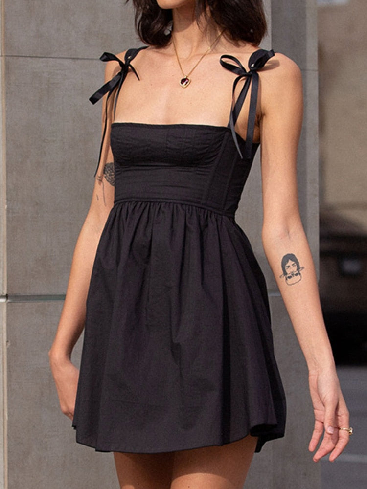 Hoobd Cute Lady Spaghetti Strap Mini Dress Square Collar Sleeveless 2024 Summer Party Outfits Elegant A Line Dresses Women