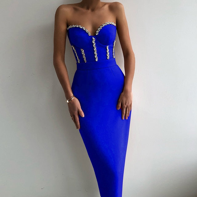 New Women&#39;S Fashion Bead Chain Crystal Design Long Dress Sexy Sleeveless Backless Celebrity Party Bandage Dress