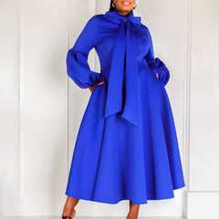 Hoobd2023 Autumn/Winter New Women's Dress Fashionable Bubble Sleeve Lacing Large Hem High Waist Dress Casual Elegant Women's Dress