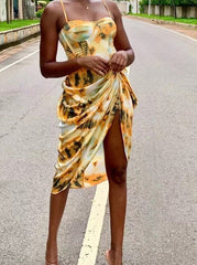Women Vintage Yellow Tie dye Flower print  Spaghetti Strap Dress Hem Slim Waist Slit Irregular Long Dresses Sling Vestido