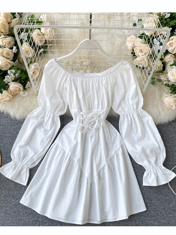 Hoobd Early Autumn Dress Retro Gothic Women White Black Bandage Mini Dress Sexy Off Shoulder Puff Sleeve Korean Vestidos