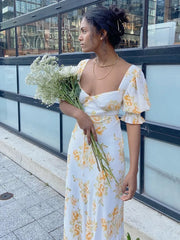 V Neck Floral Summer Long Dress Women Boho Beach Style Dresses Elegant Chiffon Maxi Dresses French Dress Women