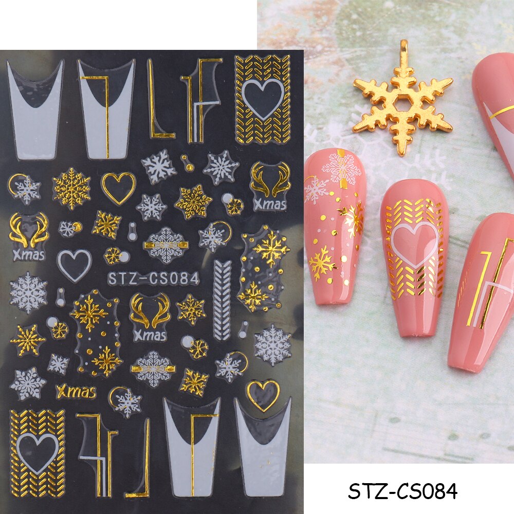 Christmas Nail Sticker 3D Reflective Shiny Glitter Gold Silver Snowflake Elk Bells Decal Slider For Manicure Decoration NLLS-J24