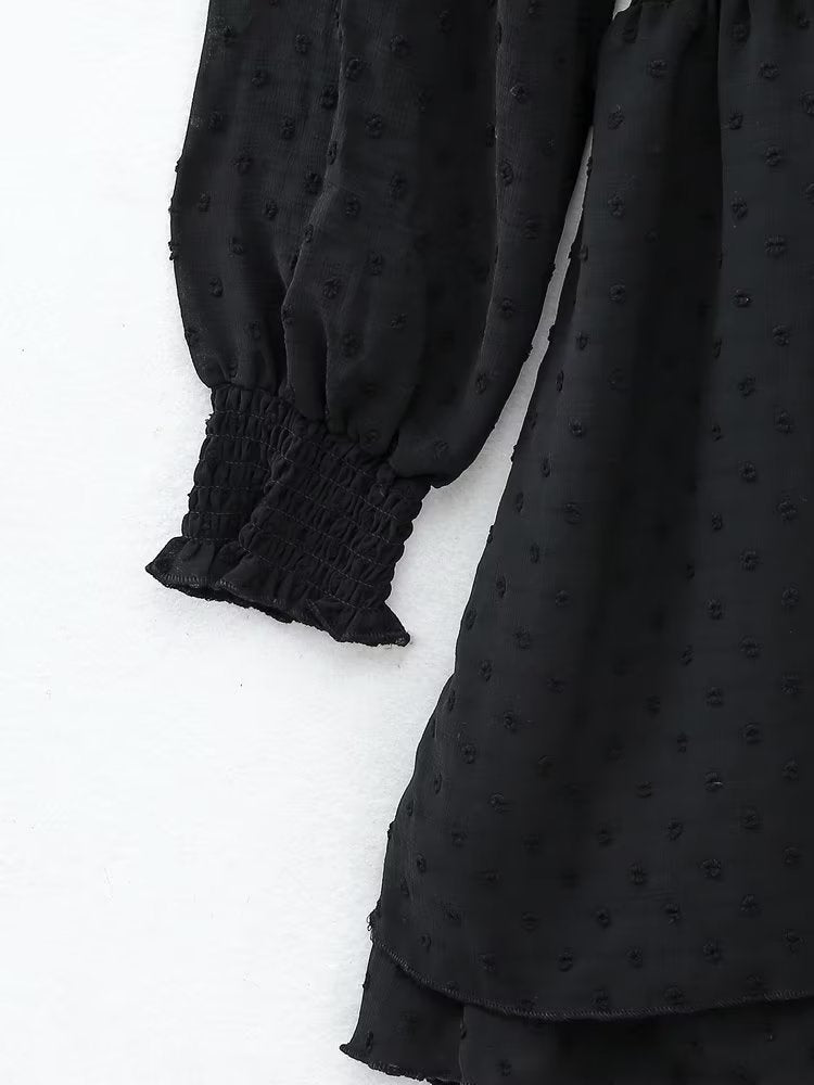 New Spring Women Ruffled Dotted Black  Dress Long Sleeve Elastic Waist Female Vintage Dresses Short Vestidos