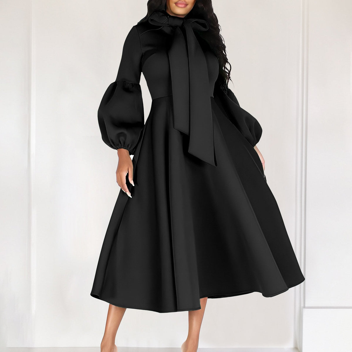 Hoobd2023 Autumn/Winter New Women's Dress Fashionable Bubble Sleeve Lacing Large Hem High Waist Dress Casual Elegant Women's Dress