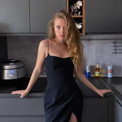 Y2k Style 2023 Summer New Fashion Women'S Suspenders One-Line Shoulder Sexy Solid Color Slim Slit Leg Length Short Black Dress