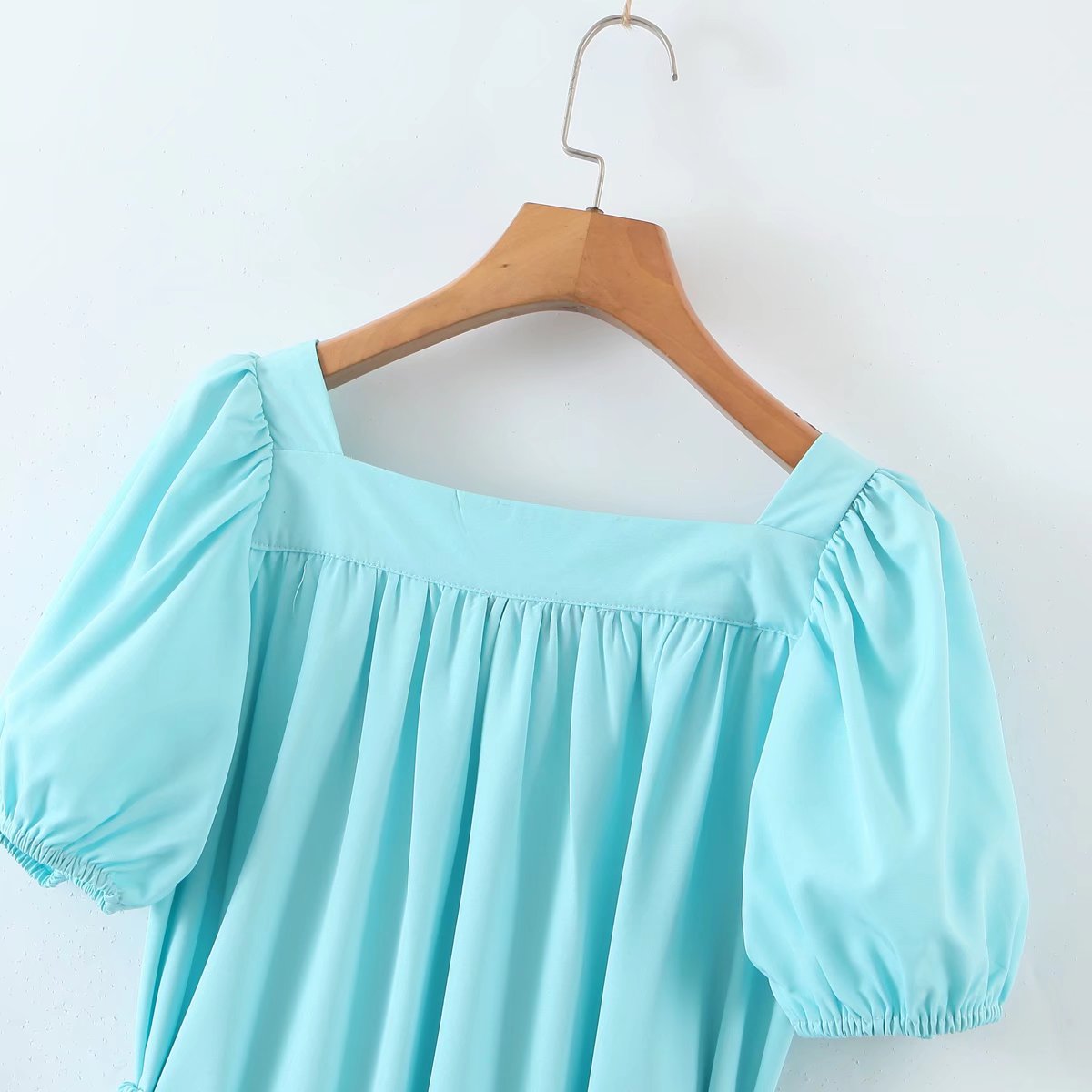 Hoobd New Women Vintage Drawstring Waist Sky Blue Dress Puff Short Sleeve Ladies Holiday Summer Casual Dress Short Vestido