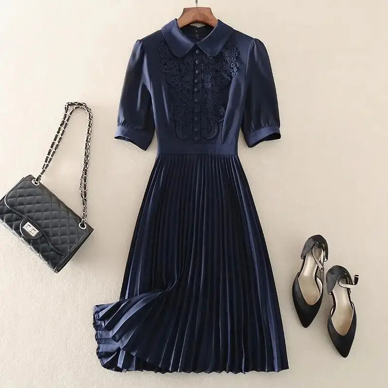 Embroider Hook Flower Hollow Office Lady A-Line Polo Neck Women's Dress Short Sleeve Elegant Mid-Calf Pleated Dresses For Women