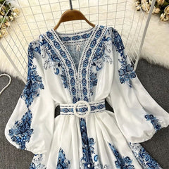 Women Bohemian Dress 2023 Spring Summer Print Long Lantern Sleeve V Neck Corset Slim Button Pleated Dress Women Vacation Dress