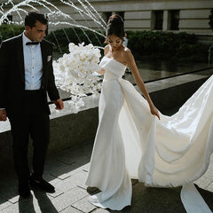 Elegant Strapless Satin Mermaid Wedding Dresses With Detachable Train  Bridal Gown Backless Vestido De Noiva For Women