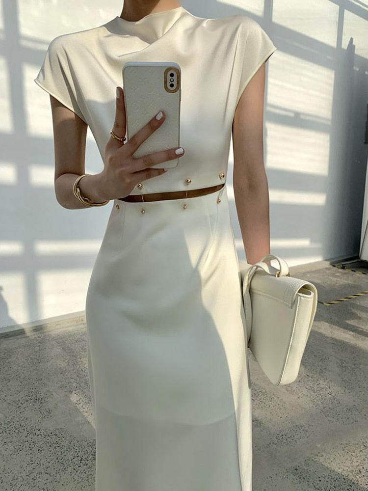 Elegant White Long Dress Female Round Neck Short Sleeve High Waist Cut Out Midi Dresses For Woman Clothing Fashion