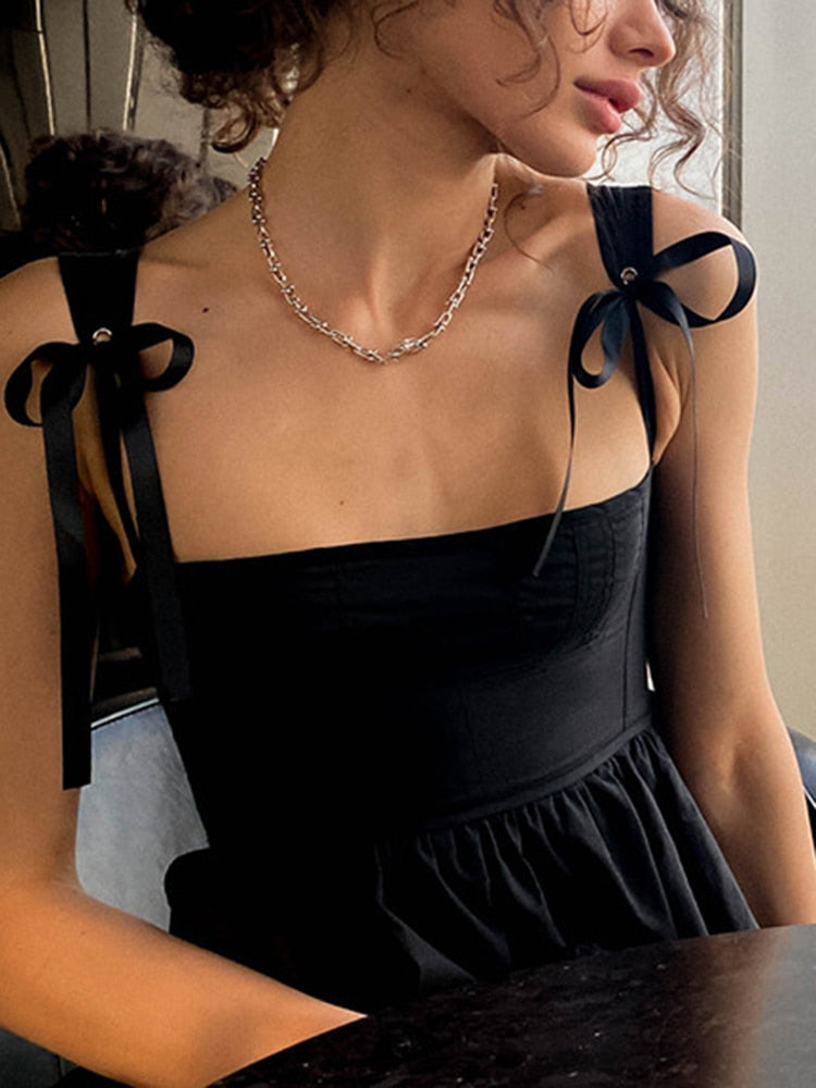 Hoobd Cute Lady Spaghetti Strap Mini Dress Square Collar Sleeveless 2024 Summer Party Outfits Elegant A Line Dresses Women