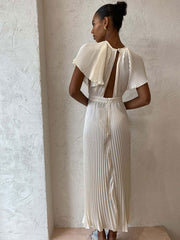 Hoobd2023 Elegant Hollow Out Pleated Dress For Women Fashion Sexy Flare Sleeve Backless A Line Dresses O Neck Office Lady Solid Robe
