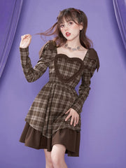Kawaii Lolita Dress Preppy Style Ruffles Patchwork Long Sleeve Plaid Dresses Elegant Vintage Puff Sleeve Square Collar