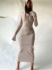 Long Sleeve Hooded Dress Maxi Women Vintage Ruffles Elegant Dresses Khaki Split Reverse Side