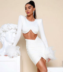 2023 Fashion Feather Mesh  Bandage Womens Two Peice Sets Blazer Mujer Top Mini Dress Sexy Dresses