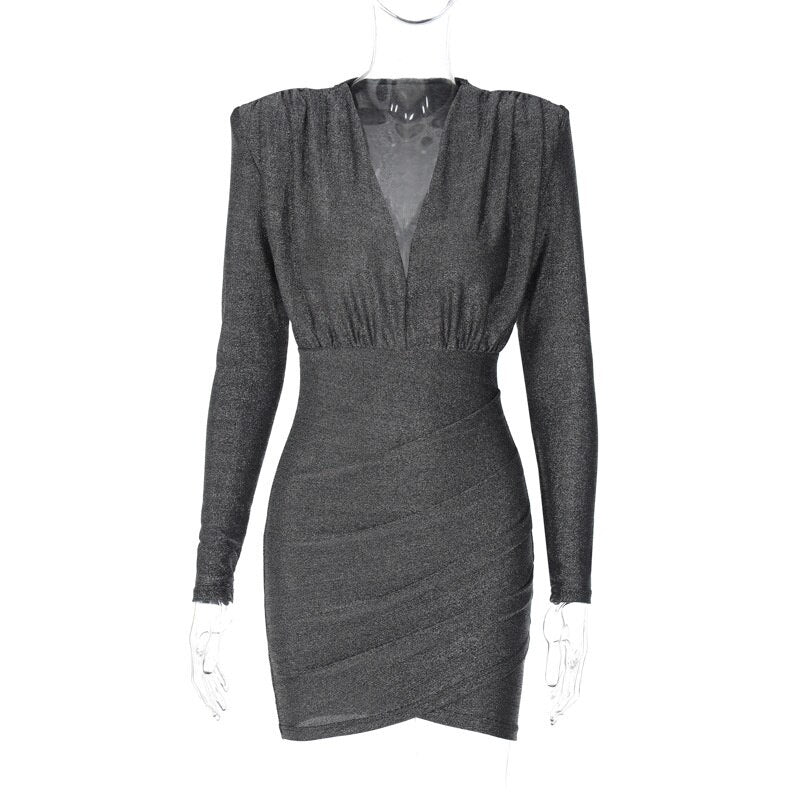 Elegant Autumn Deep V Shoulder Pads Long Sleeve Mini Dress for Women Fashion Sexy Bodycon Ruched Party Club Dresses