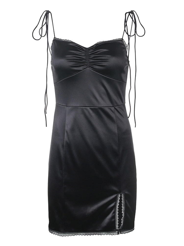 Strappy Satin Ruched Black Dress