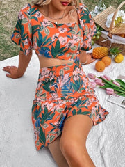 Hoobd Fashion Hollow Puff Sleeve Slim Party Dress Summer Picnic A-Line Casual Dress Women Elegant Square Neck Floral Print Mini Dress