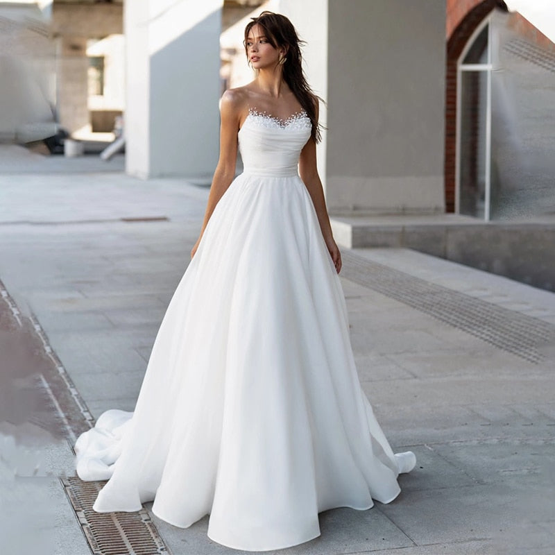 Sheer Beaded Peal Neck Pleat A Lne Wedding Dress