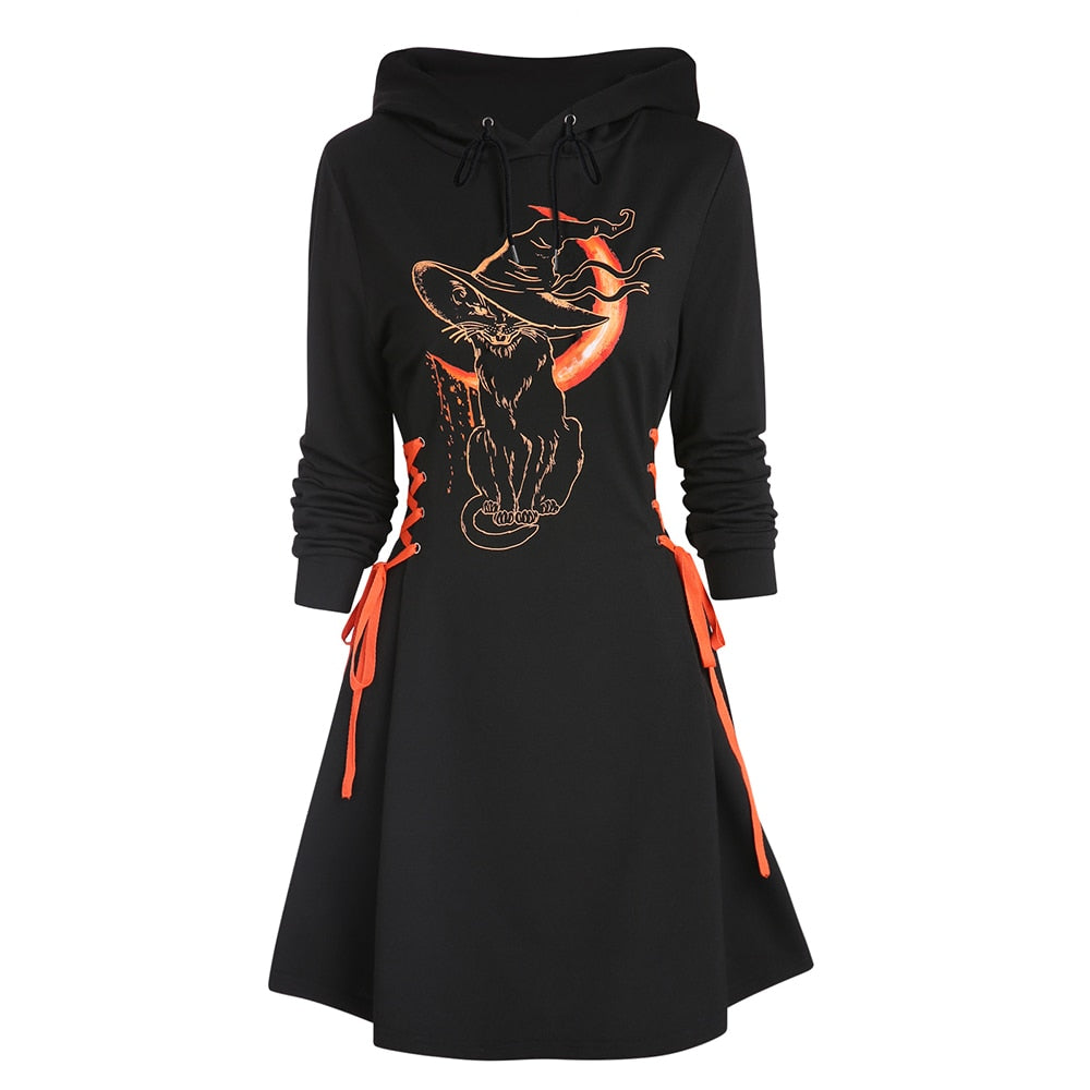 Women Gothic Hooded Dress Slight Stretch Sweatshirt Dresses Cat Hat Moon Print Tie Long Sleeve A-Line Mini Casual Dress
