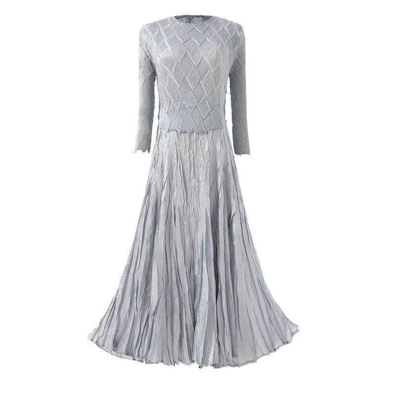 Miyake pleated dress women's spring new fashion O-neck three-quarter sleeve elegant temperament large swing women's dress