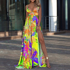 Hoobd Summer Sexy Slit Flower Print Bohemia Dress for Women High Waist Maxi Beach Dresses Elegant V Neck Suspenders Floor-Length Dress